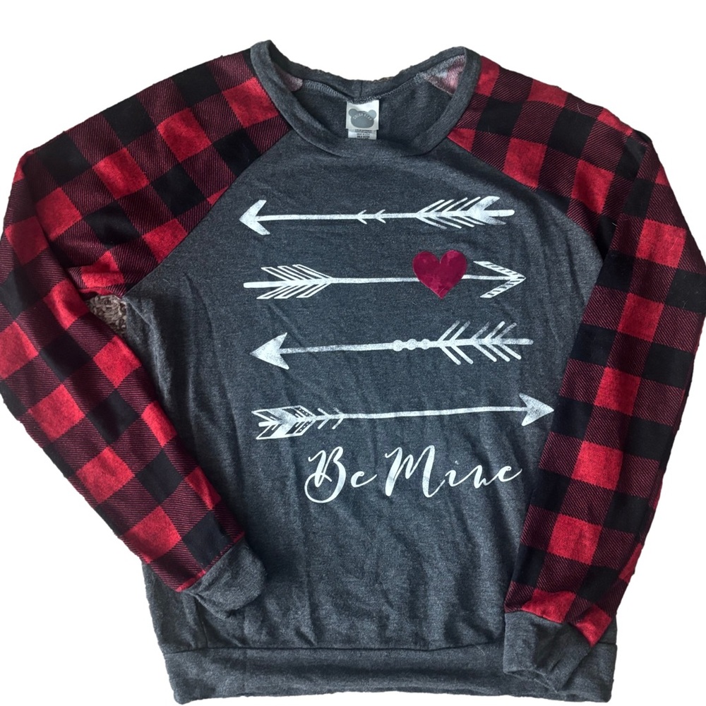 Be Mine Valentines Super Soft buffalo plaid raglan long sleeve- small
